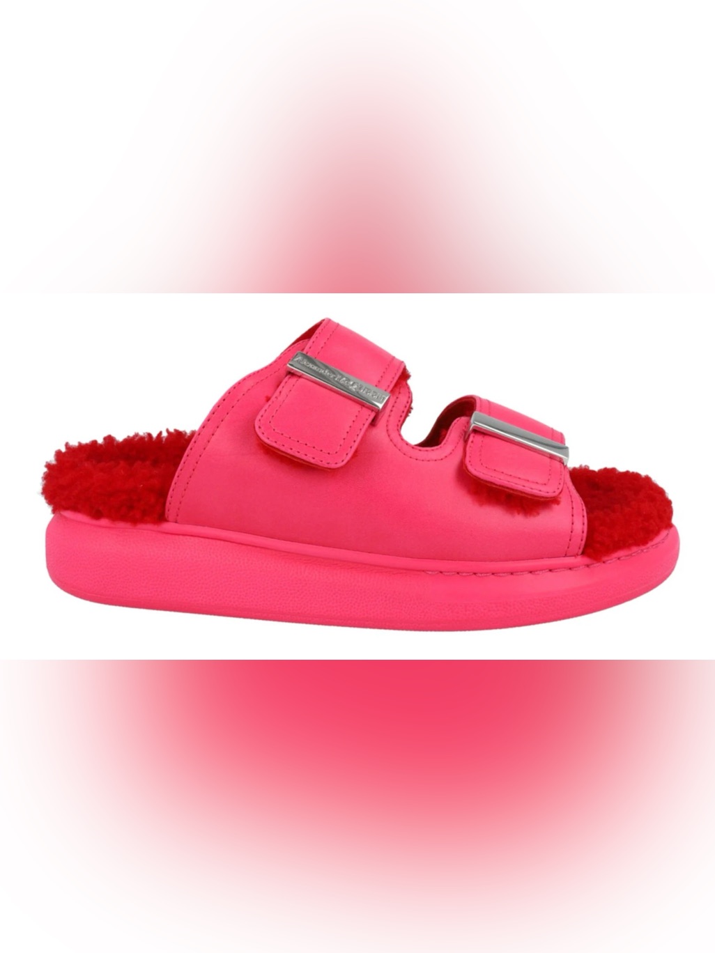 Alexander Mcqueen Hot Pink Shearling Slide Sandals With Silver Accents